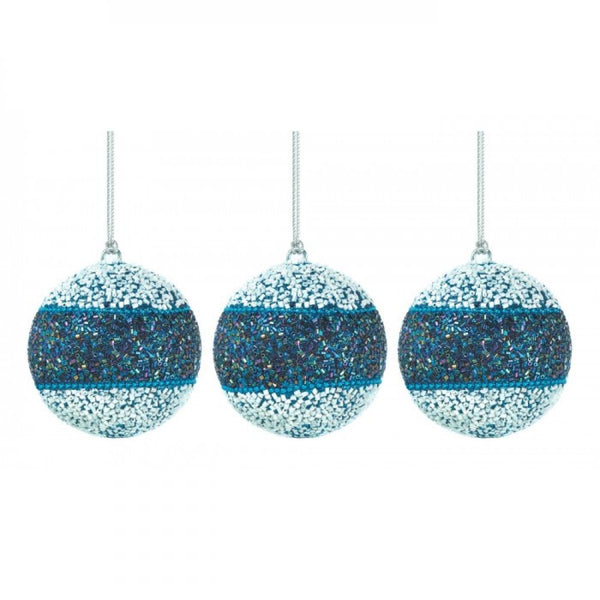 True Blue Beaded Ball Ornament Trio